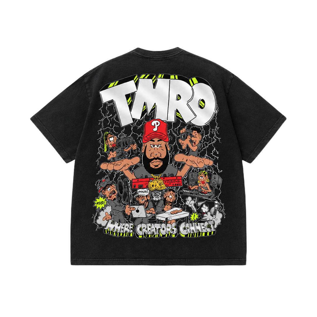 TmrO Campus Cropped Tee in black, back view with Freako art
