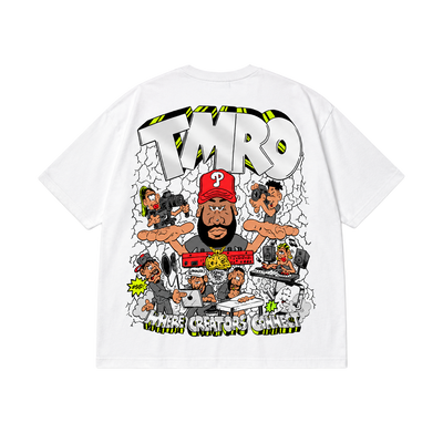 TmrO Campus Cropped Tee in white, back view with Freako art