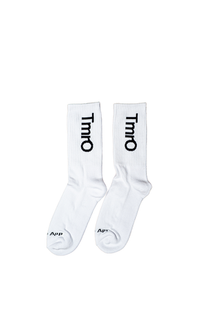 TmrO Crew Socks in White with black embroidered logo